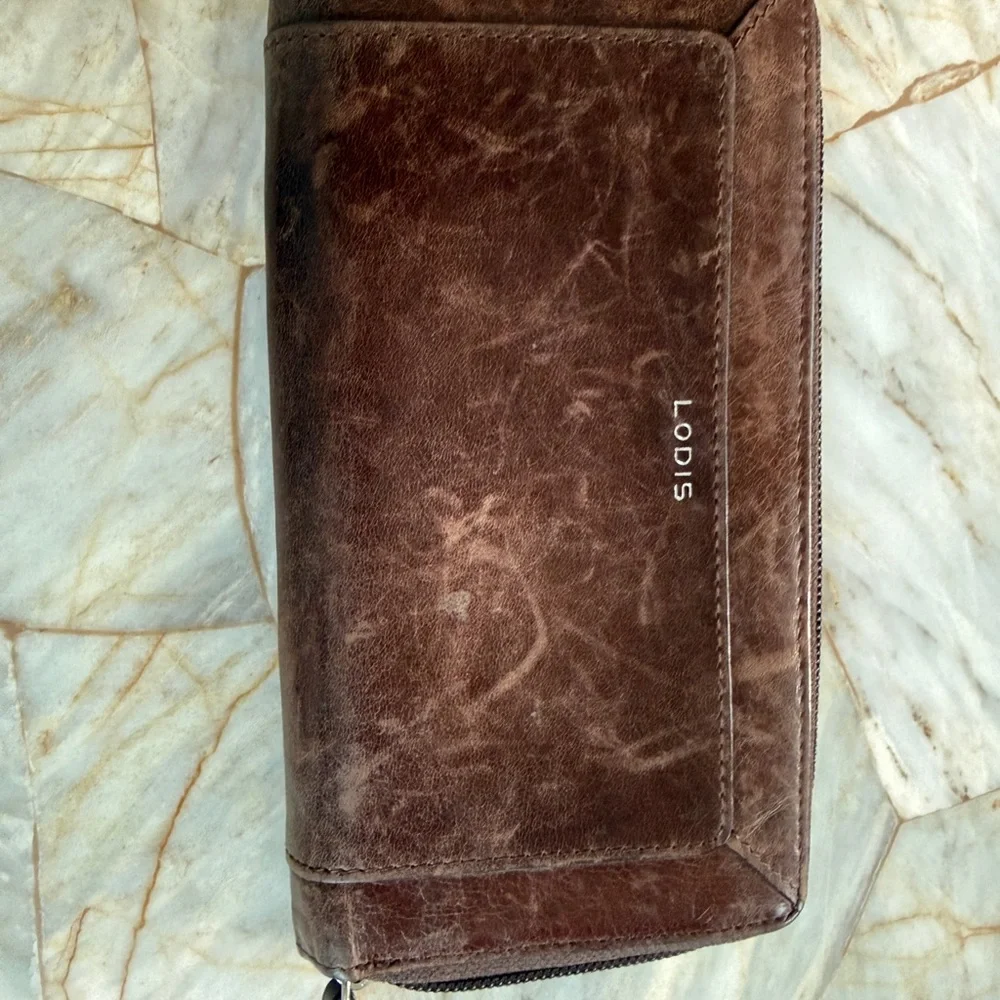 Lodis Brown Distressed Leather Zip Around Continental Wallet Organizer